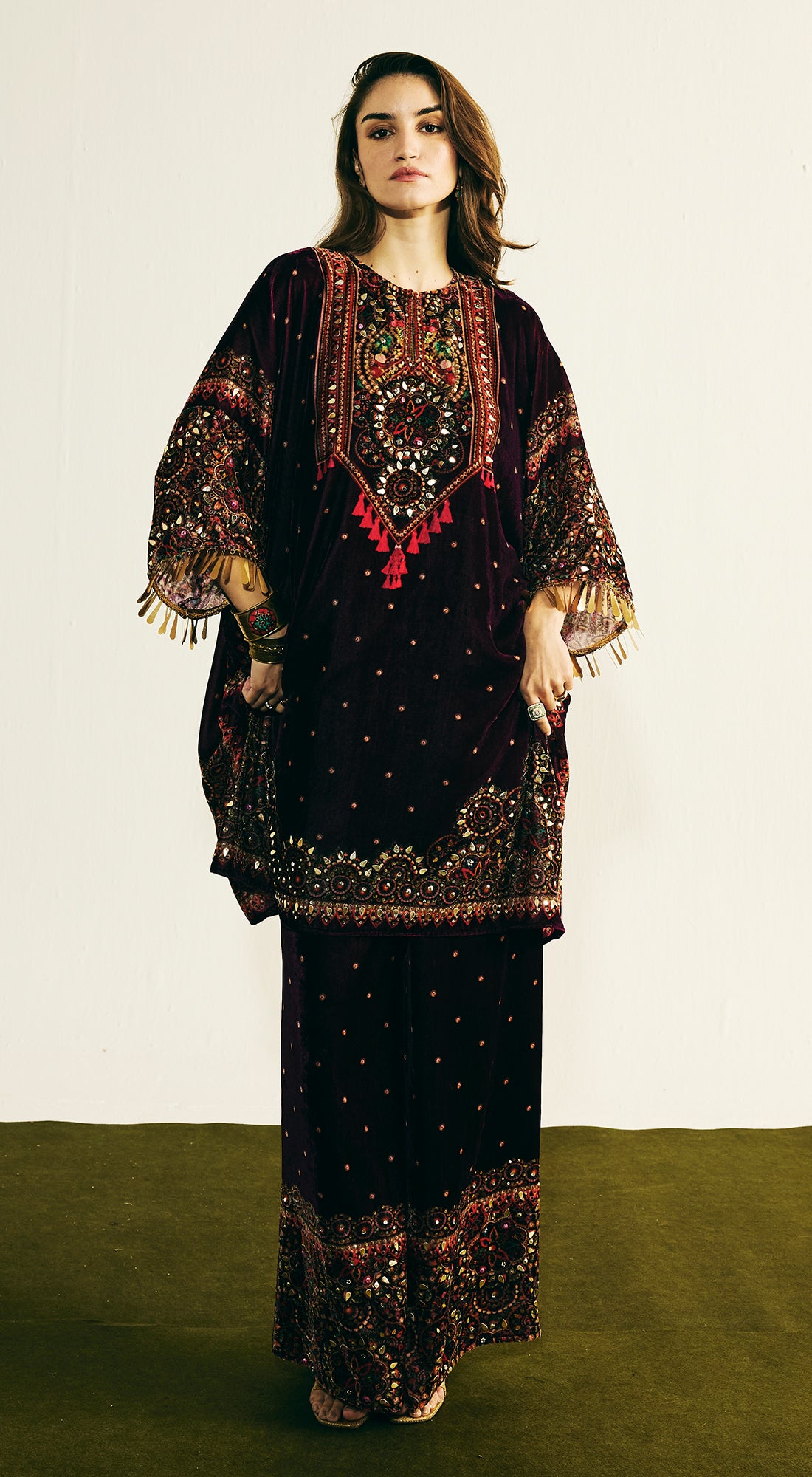 Purple Velvet Embroidered Kurta Set