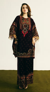 Purple Velvet Embroidered Kurta Set