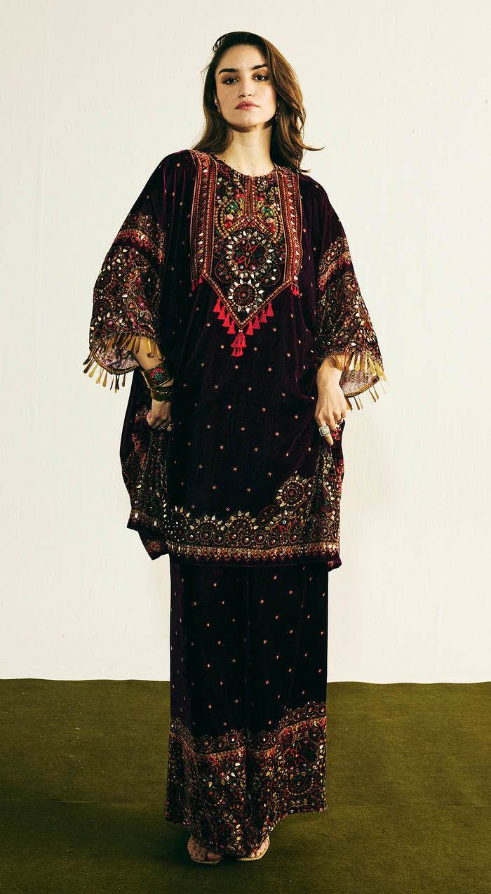 Purple Velvet Embroidered Kurta Set