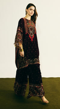 Purple Velvet Embroidered Kurta Set