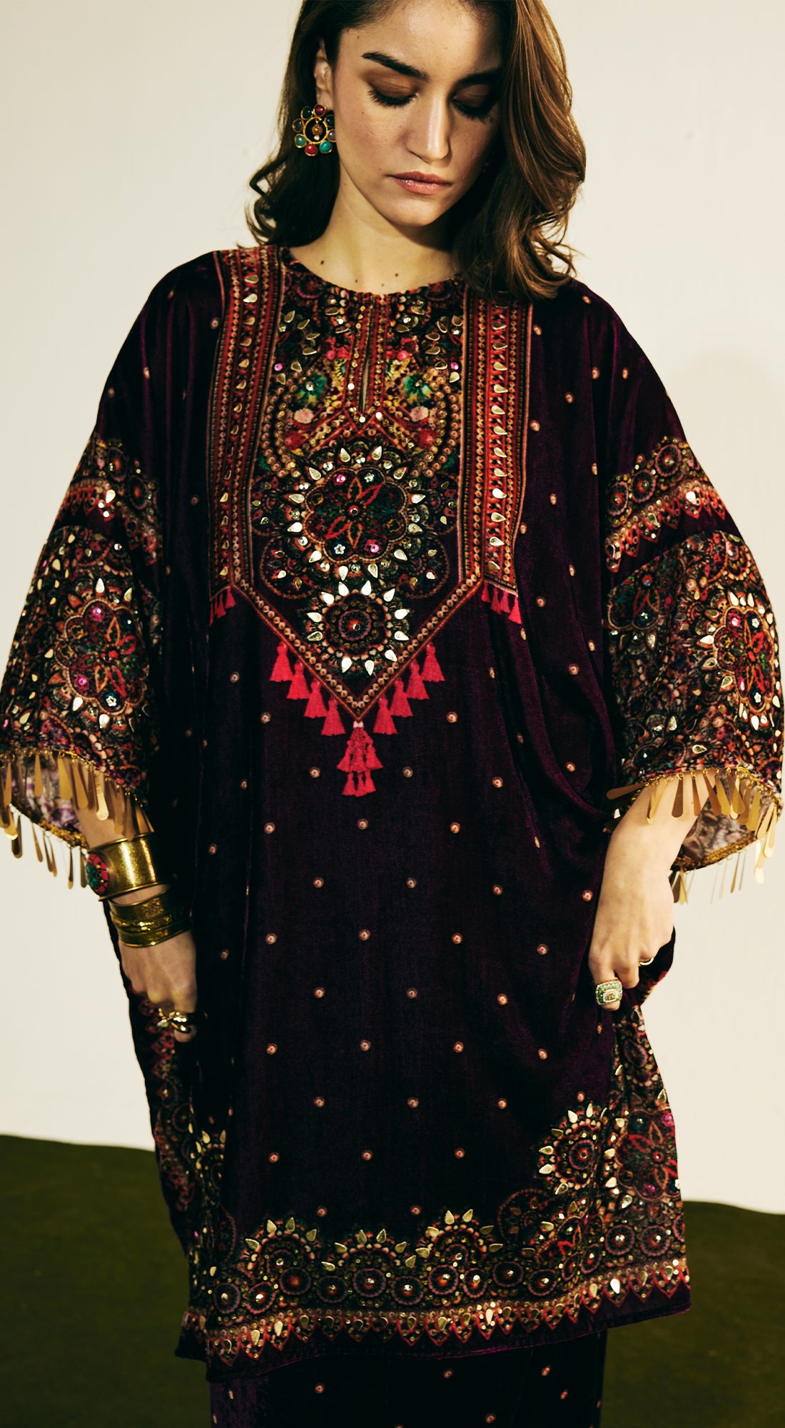 Purple Velvet Embroidered Kurta Set