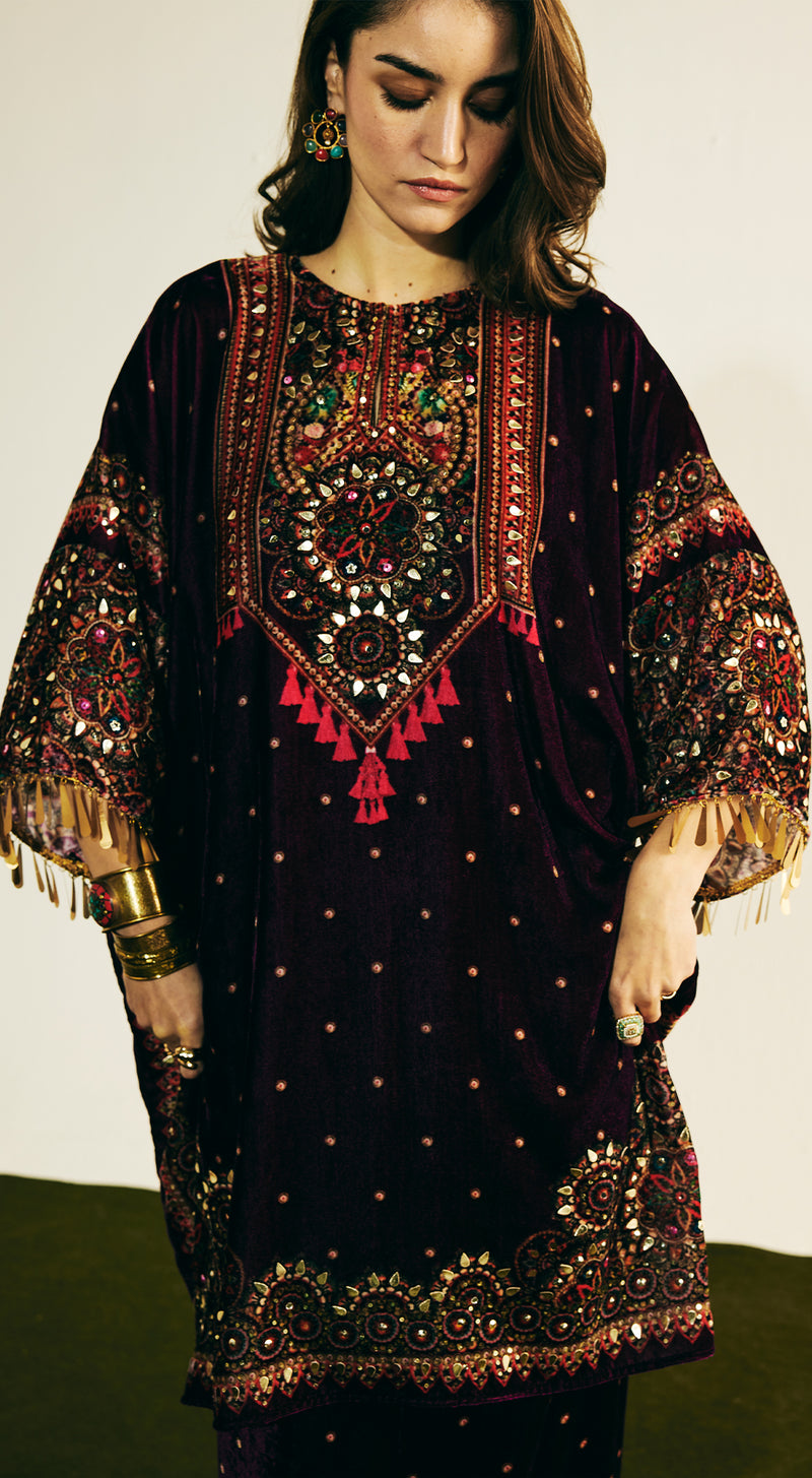 Purple Velvet Embroidered Kurta Set