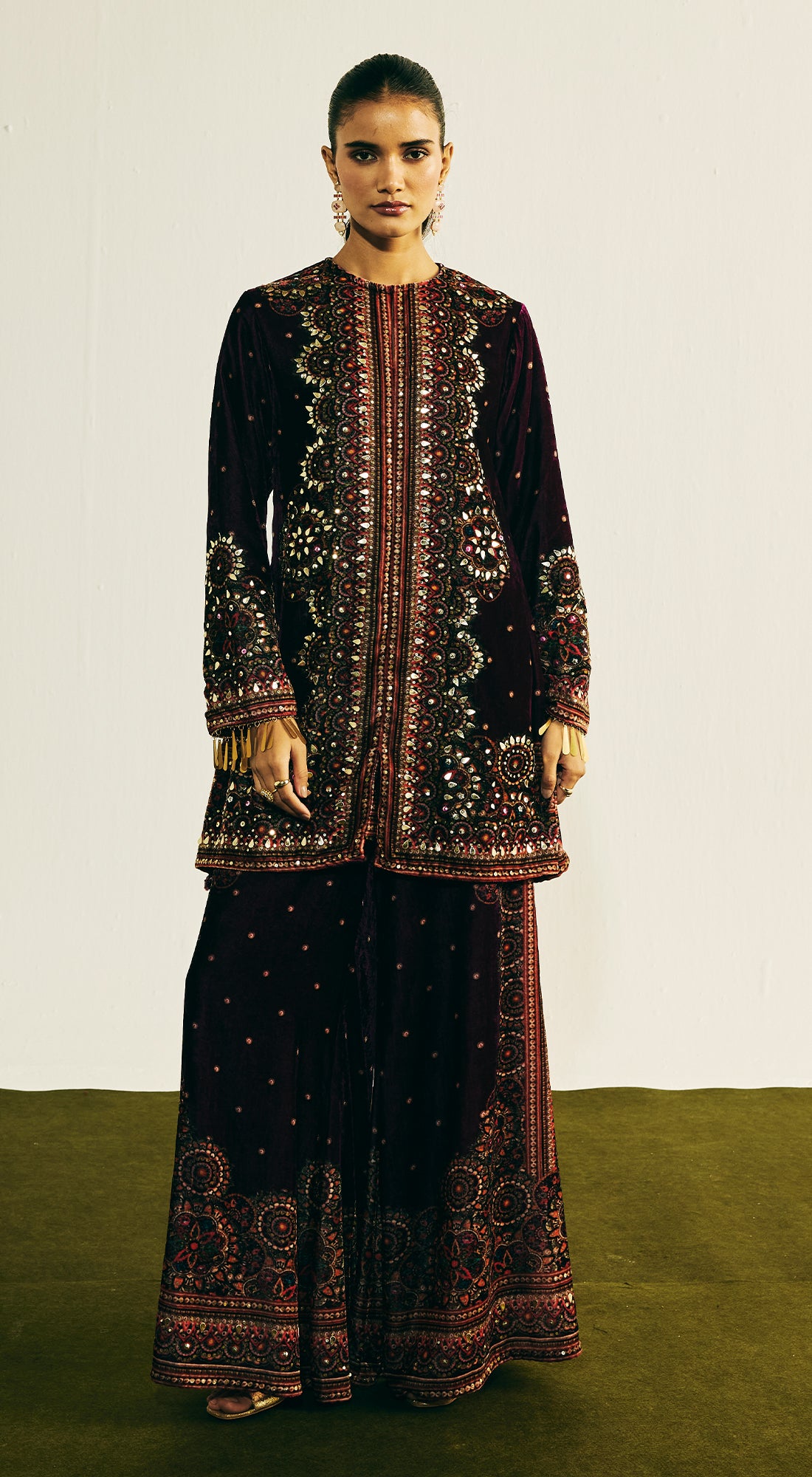 Purple Velvet Embroidered Kurta Set