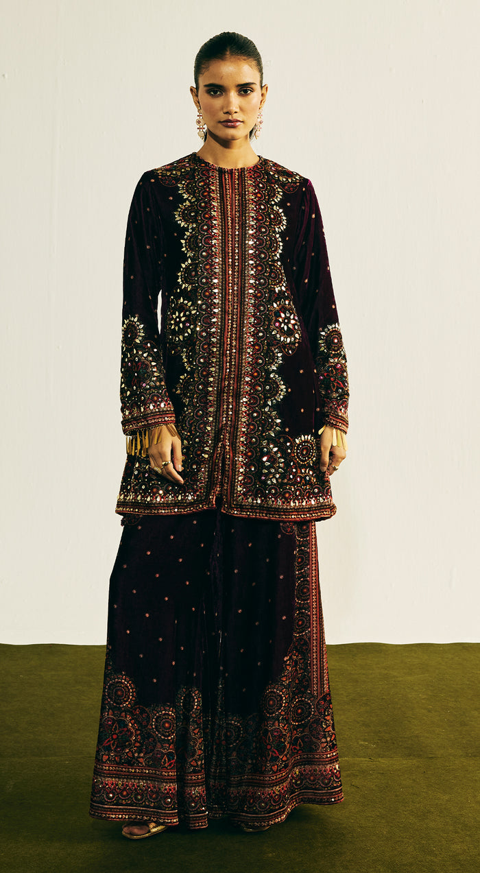 Purple Velvet Embroidered Kurta Set