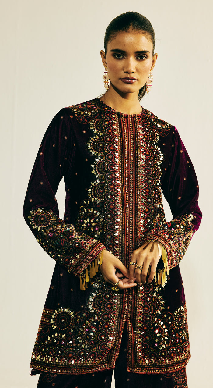 Purple Velvet Embroidered Kurta Set