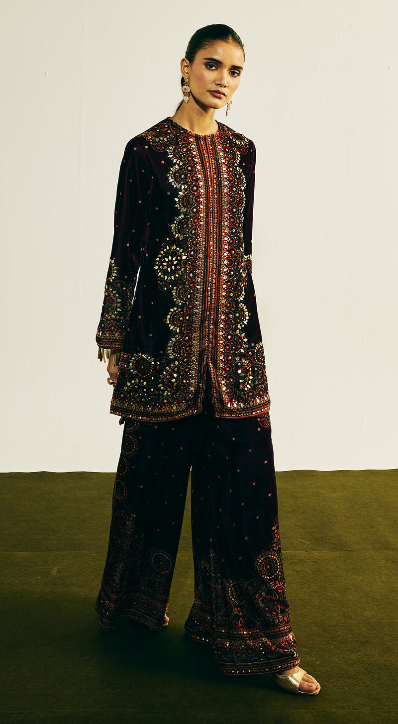 Purple Velvet Embroidered Kurta Set
