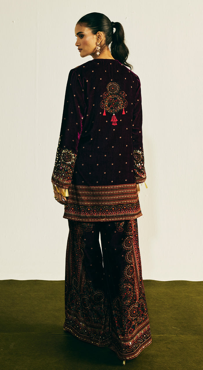 Purple Velvet Embroidered Kurta Set