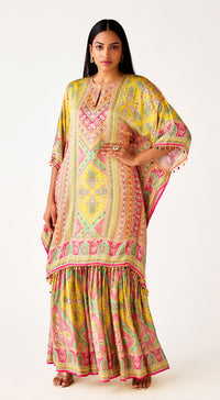 Multi Satin Embroidered Kaftan Co-ord Set