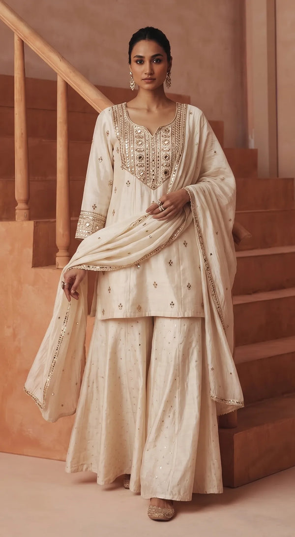 IVORY ELAN EMBROIDERED SHARARA SET