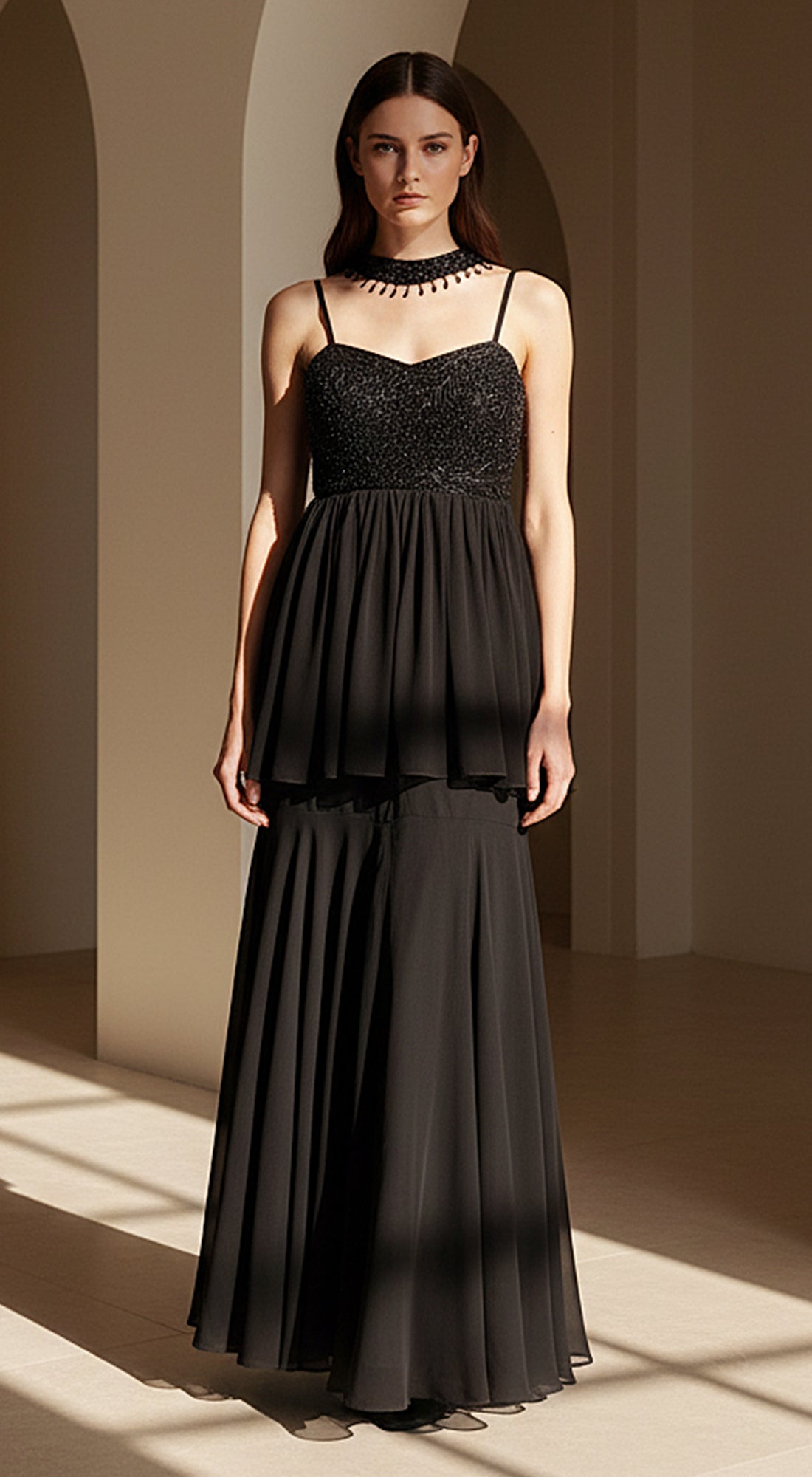 Black Satin Embroidered Sharara Set