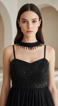 Black Satin Embroidered Sharara Set