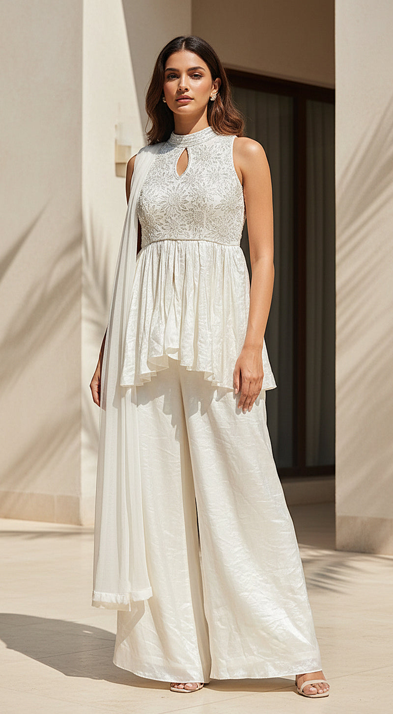 Ivory Crushed Tissue Peplum Sharara Set