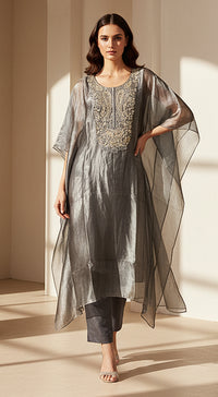 Moonlit Grey Embellished Kaftan Set