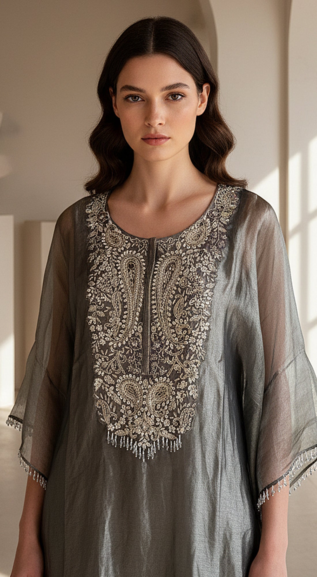 Moonlit Grey Embellished Kaftan Set
