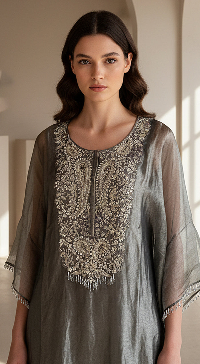 Moonlit Grey Embellished Kaftan Set
