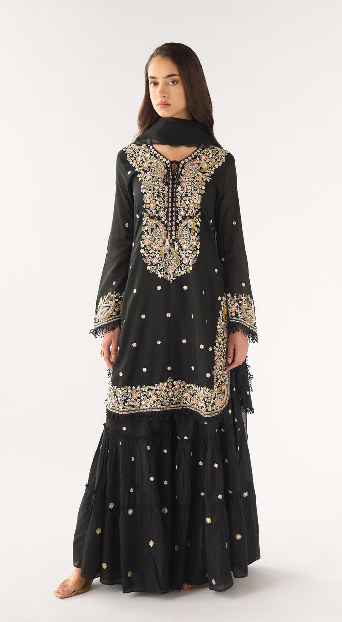 Black Cotton Embroidered Sharara Set