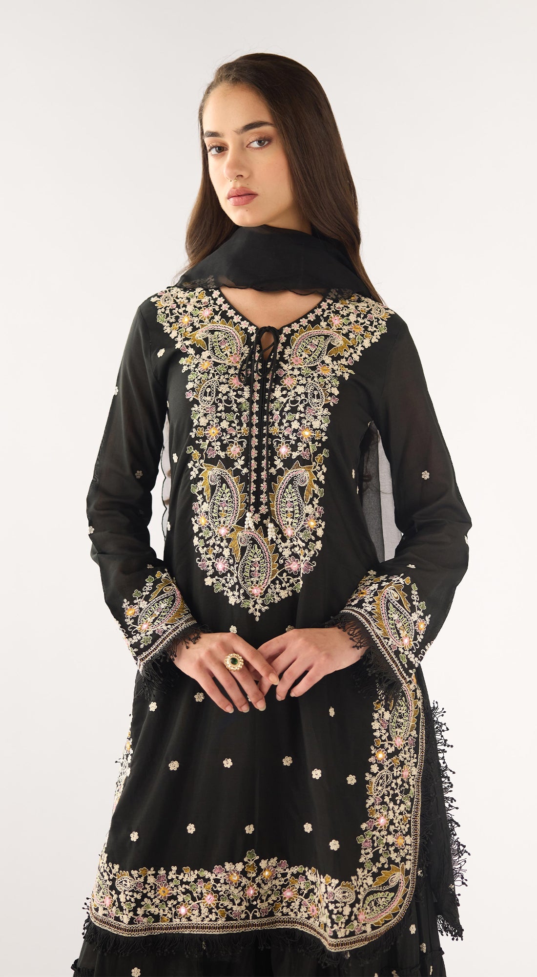 Black Cotton Embroidered Sharara Set