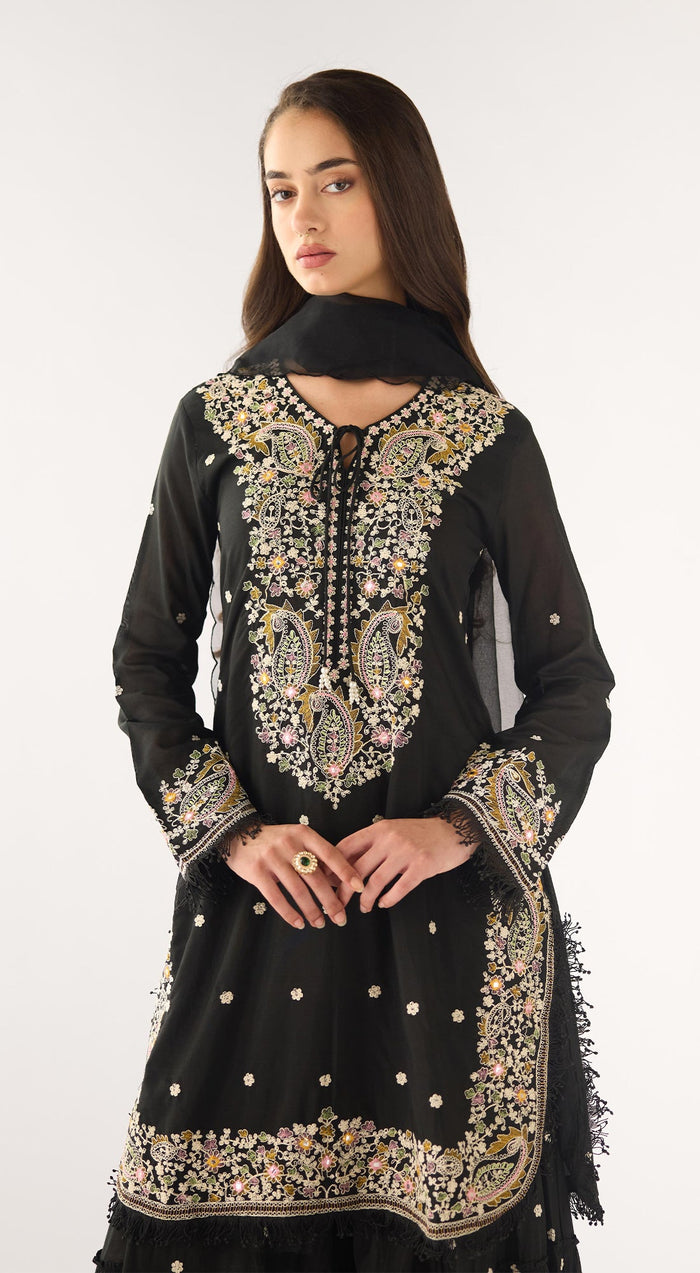 Black Cotton Embroidered Sharara Set