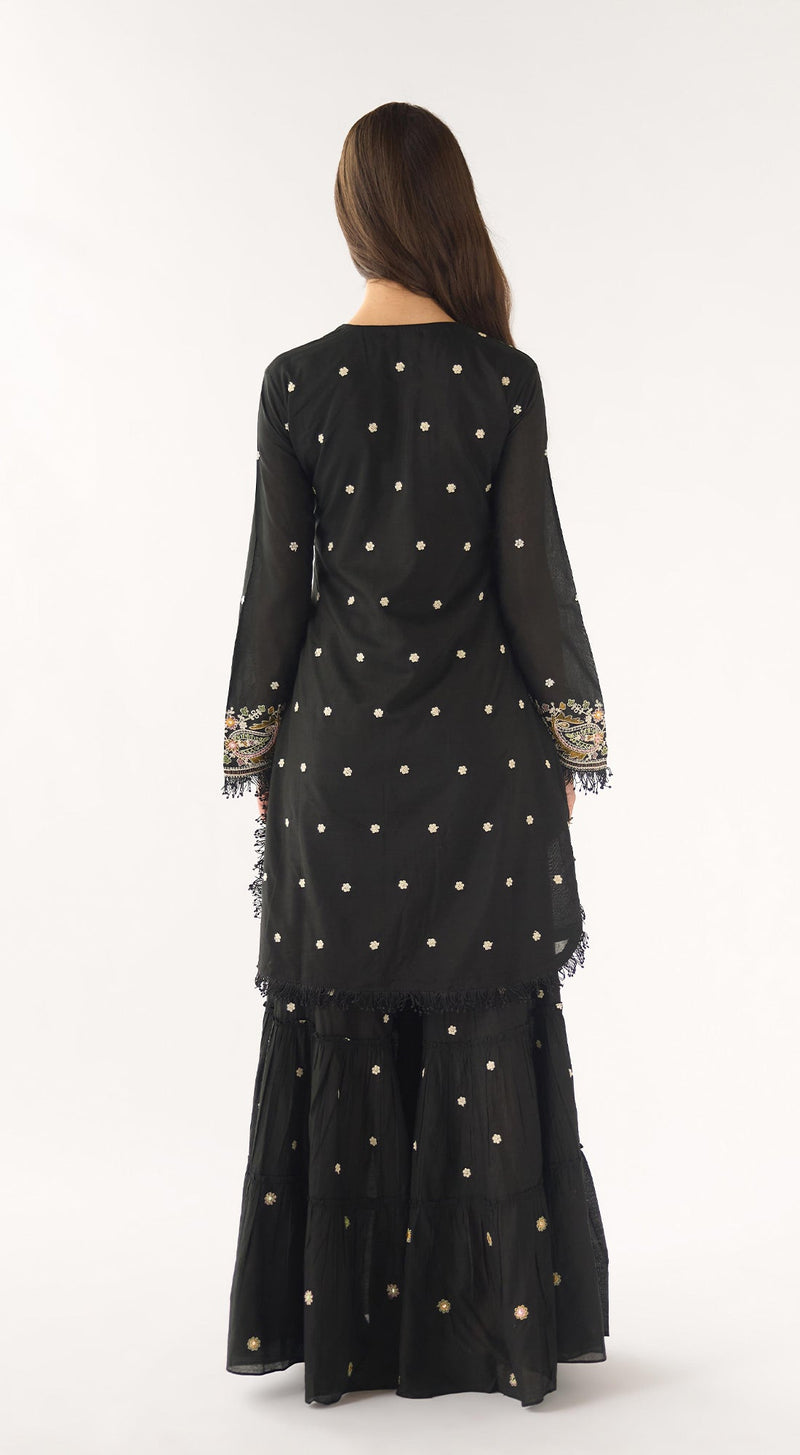 Black Cotton Embroidered Sharara Set