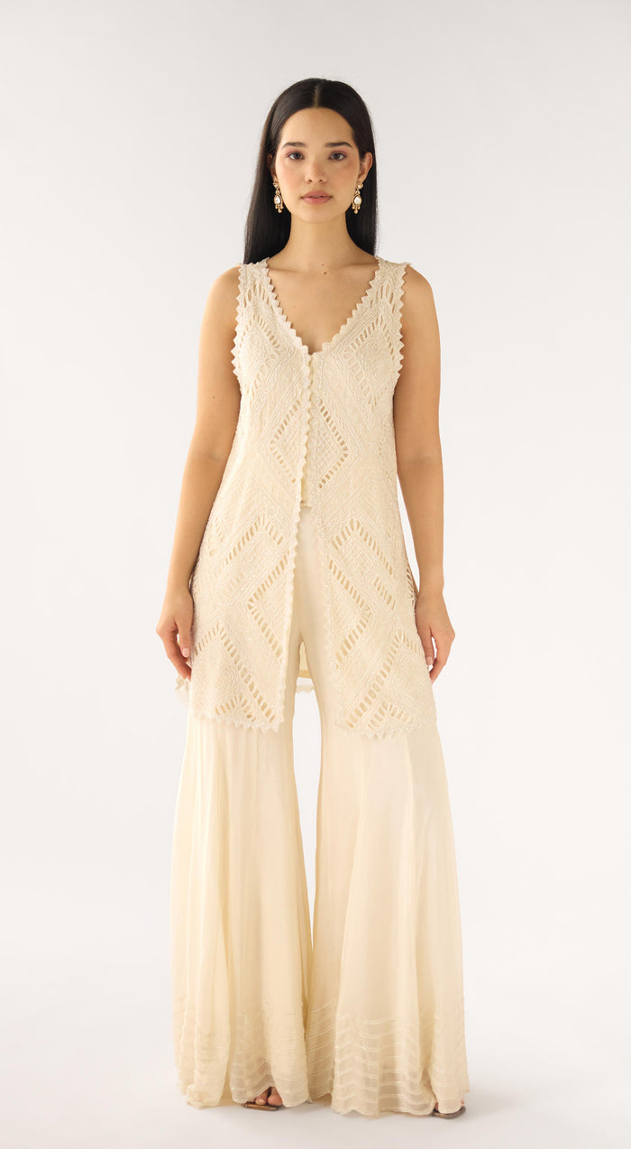 Ivory Georgette Embroidered Sharara Set