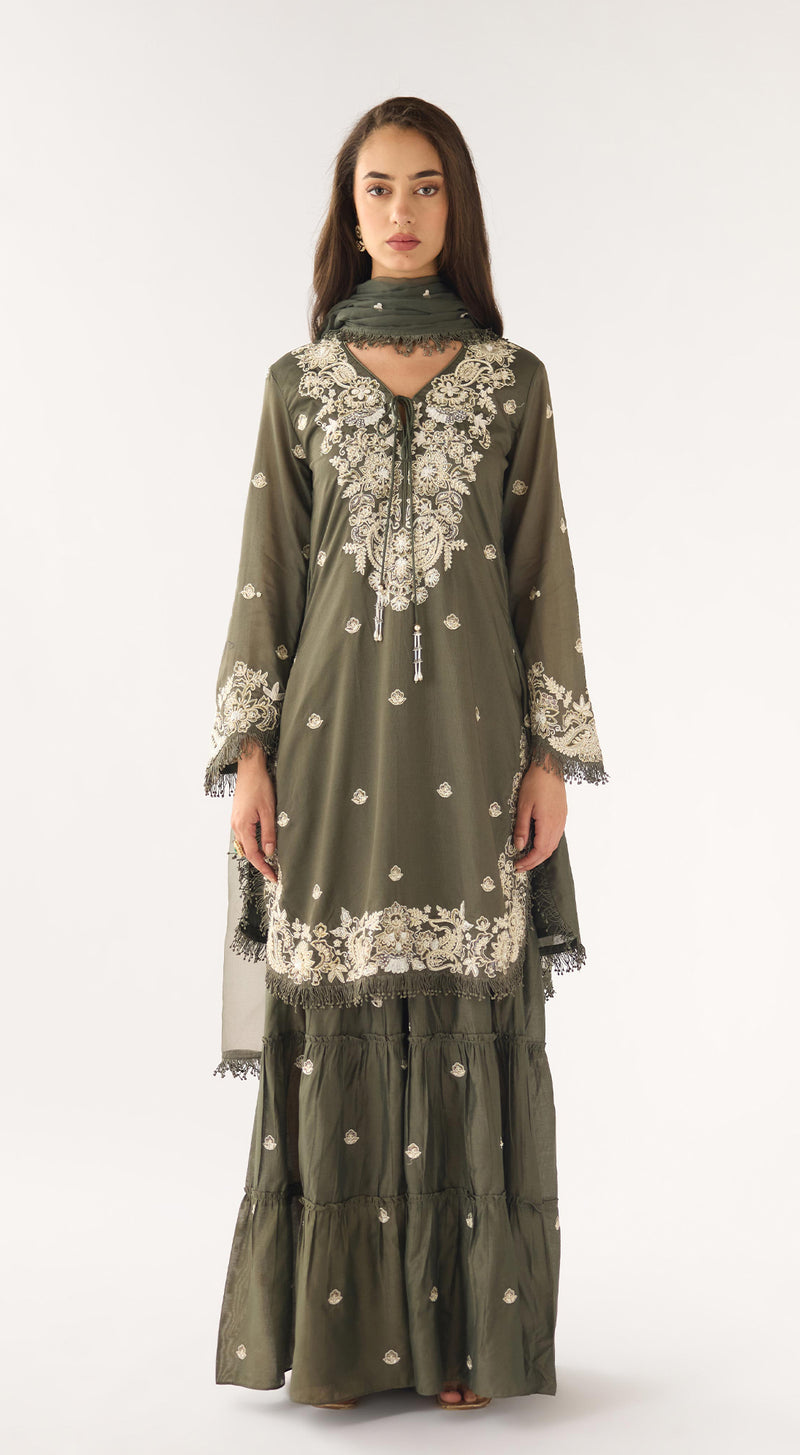 Olive Chanderi Embroidered Sharara Set