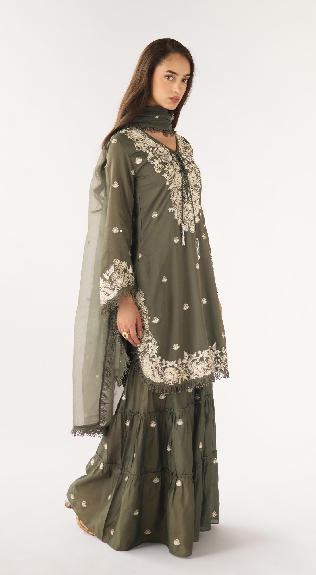 Olive Chanderi Embroidered Sharara Set