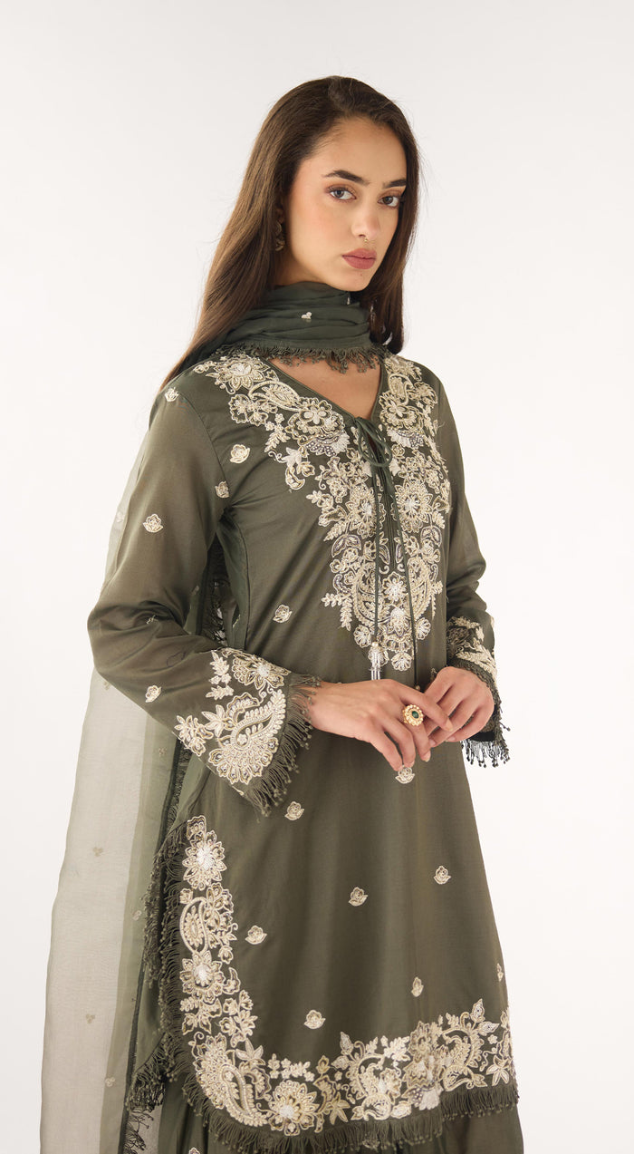 Olive Chanderi Embroidered Sharara Set
