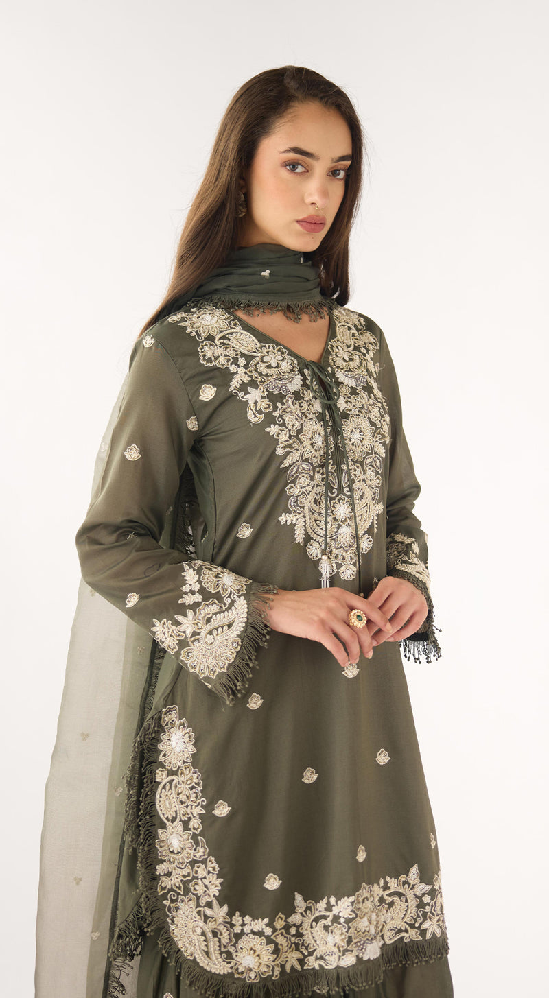 Olive Chanderi Embroidered Sharara Set