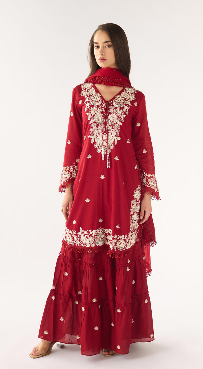 Red Chanderi Embroidered Sharara Set