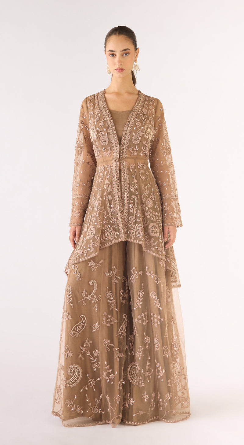 Grey Net Embroidered Sharara Set