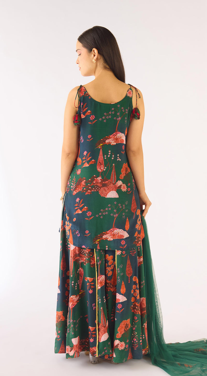 Green Crepe Embroidered Sharara Set