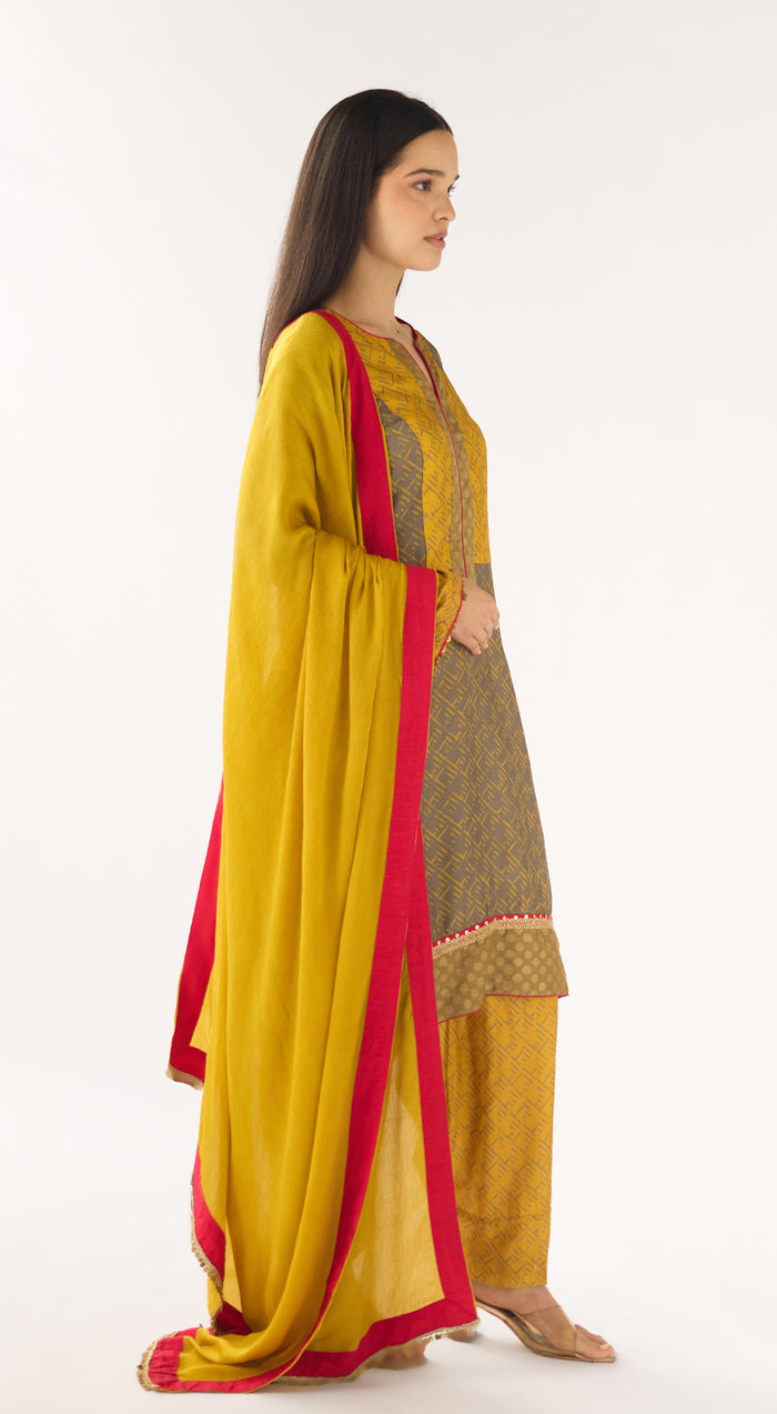 Yellow Cotton Silk Embellished Suit Set
