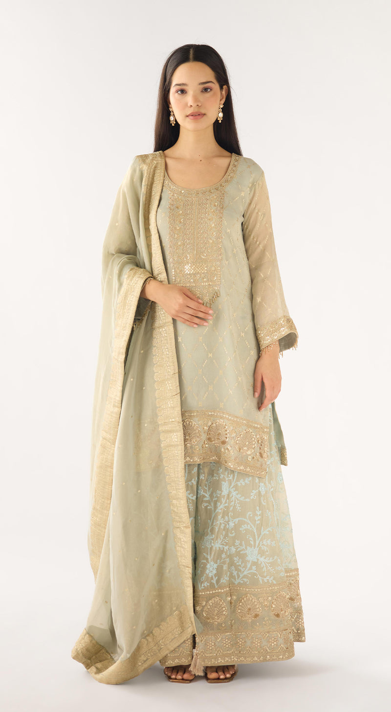 Aqua Banarasi Embroidered Sharara Set
