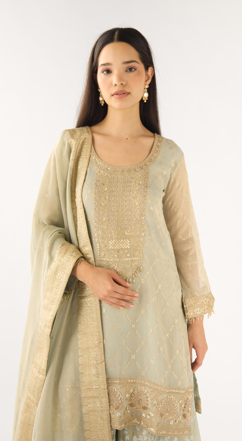 Aqua Banarasi Embroidered Sharara Set