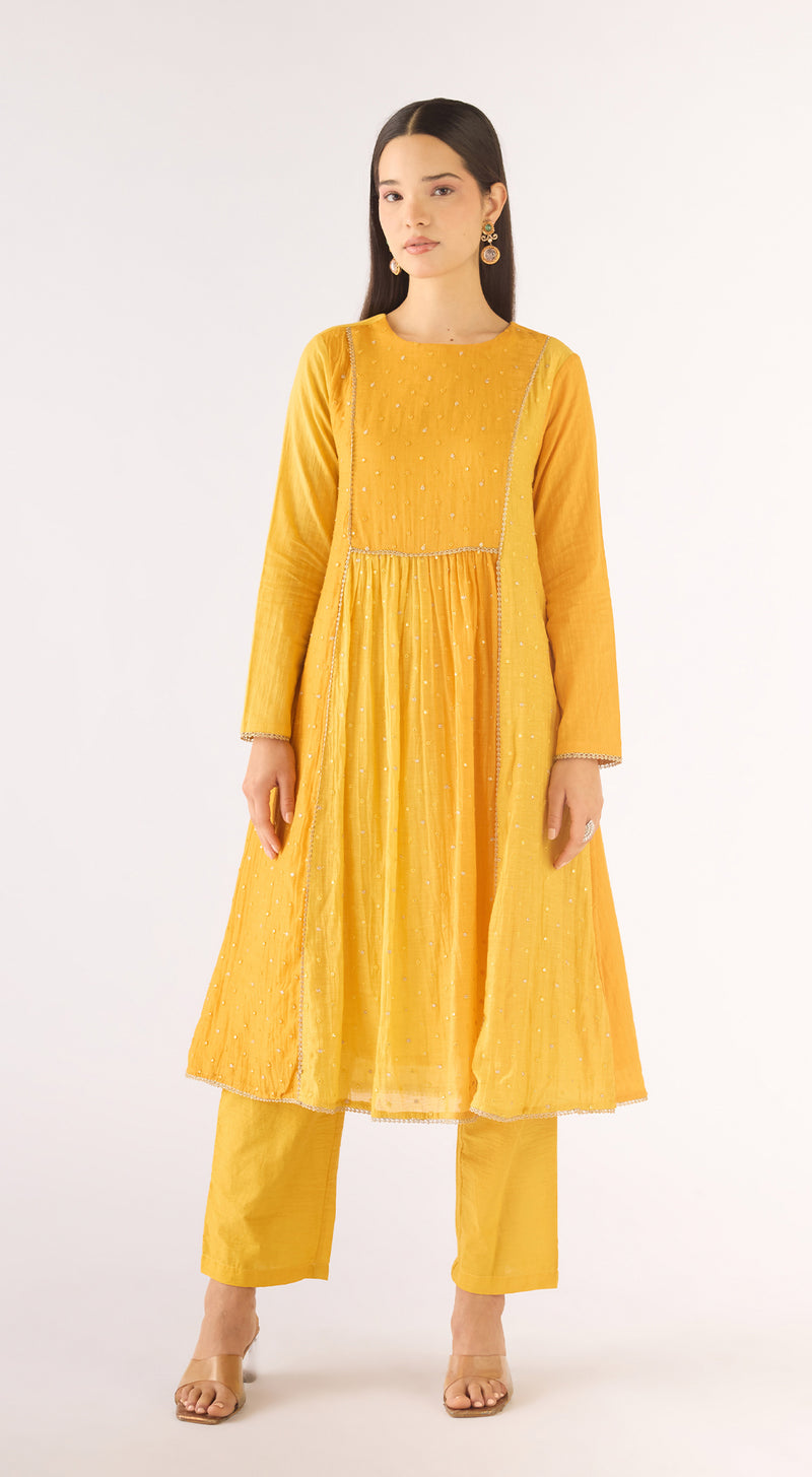 Yellow Cotton Silk Embroidered Kurta Set
