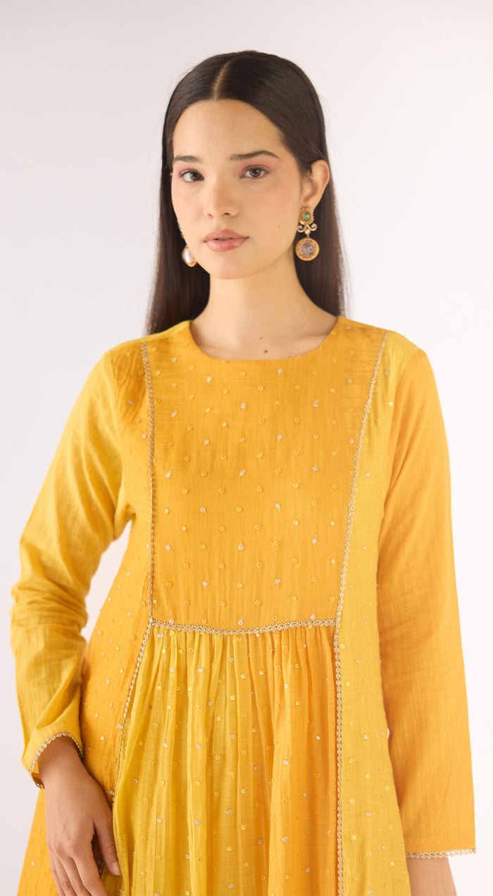 Yellow Cotton Silk Embroidered Kurta Set
