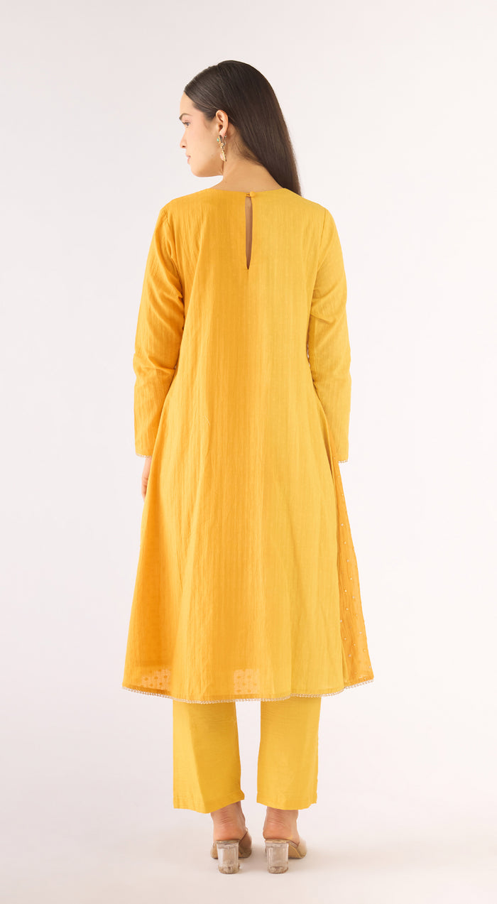 Yellow Cotton Silk Embroidered Kurta Set