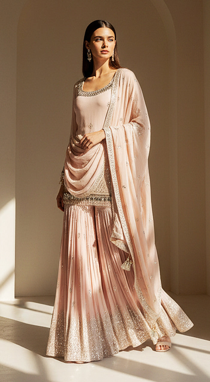 Blush Dawn Embroidered Sharara Set