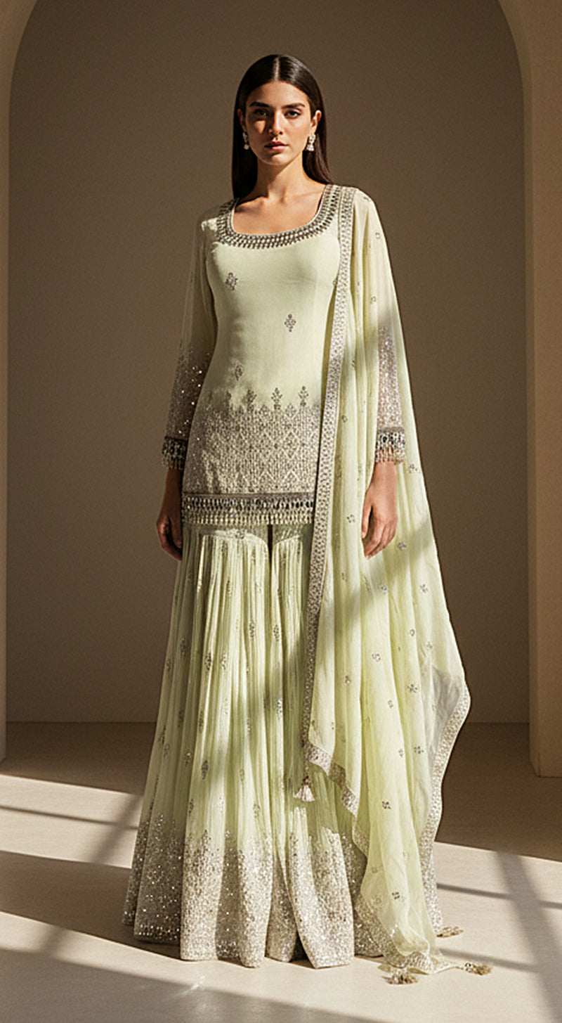 Pistachio Dawn Embroidered Sharara Set