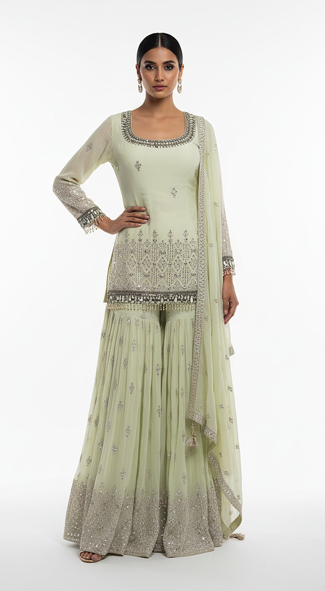 Pistachio Dawn Embroidered Sharara Set