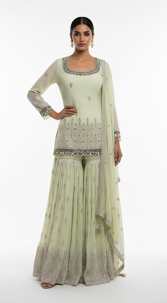 Pistachio Dawn Embroidered Sharara Set
