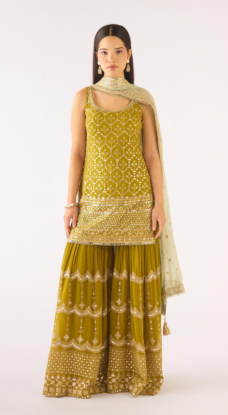 Lime Georgette Embroidered Sharara Set