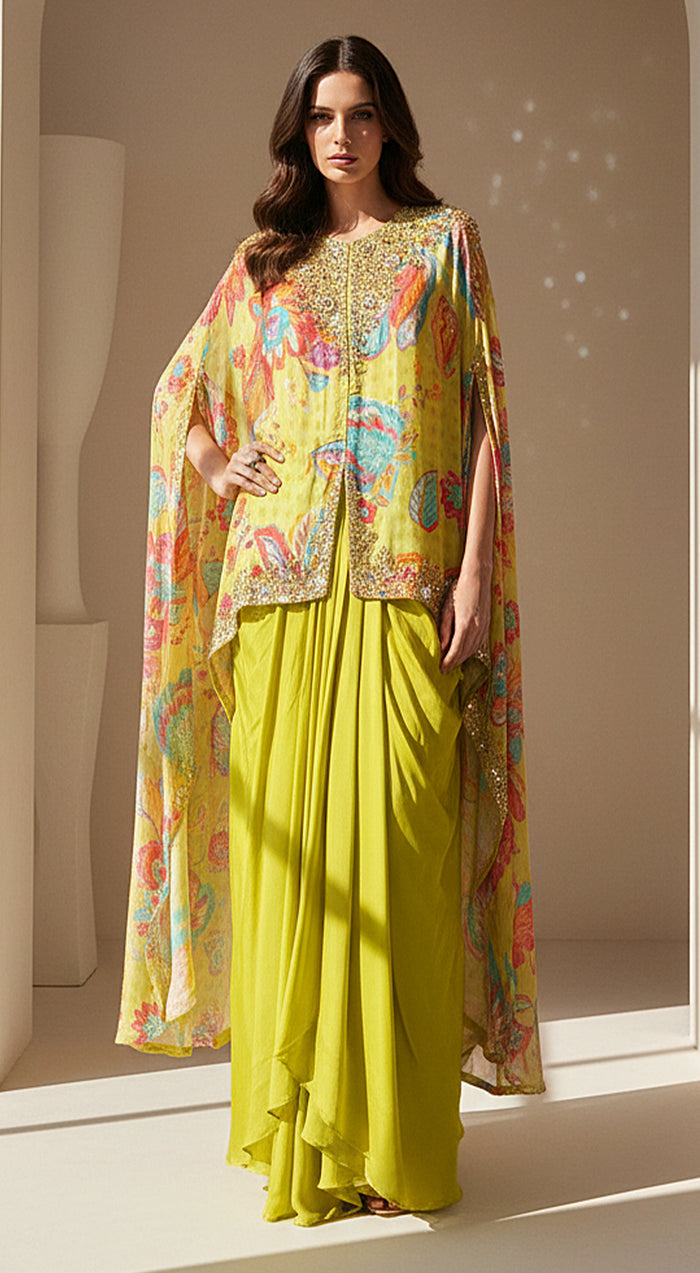 Lime Crepe Floral Embroidered Cape Set
