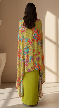 Lime Crepe Floral Embroidered Cape Set