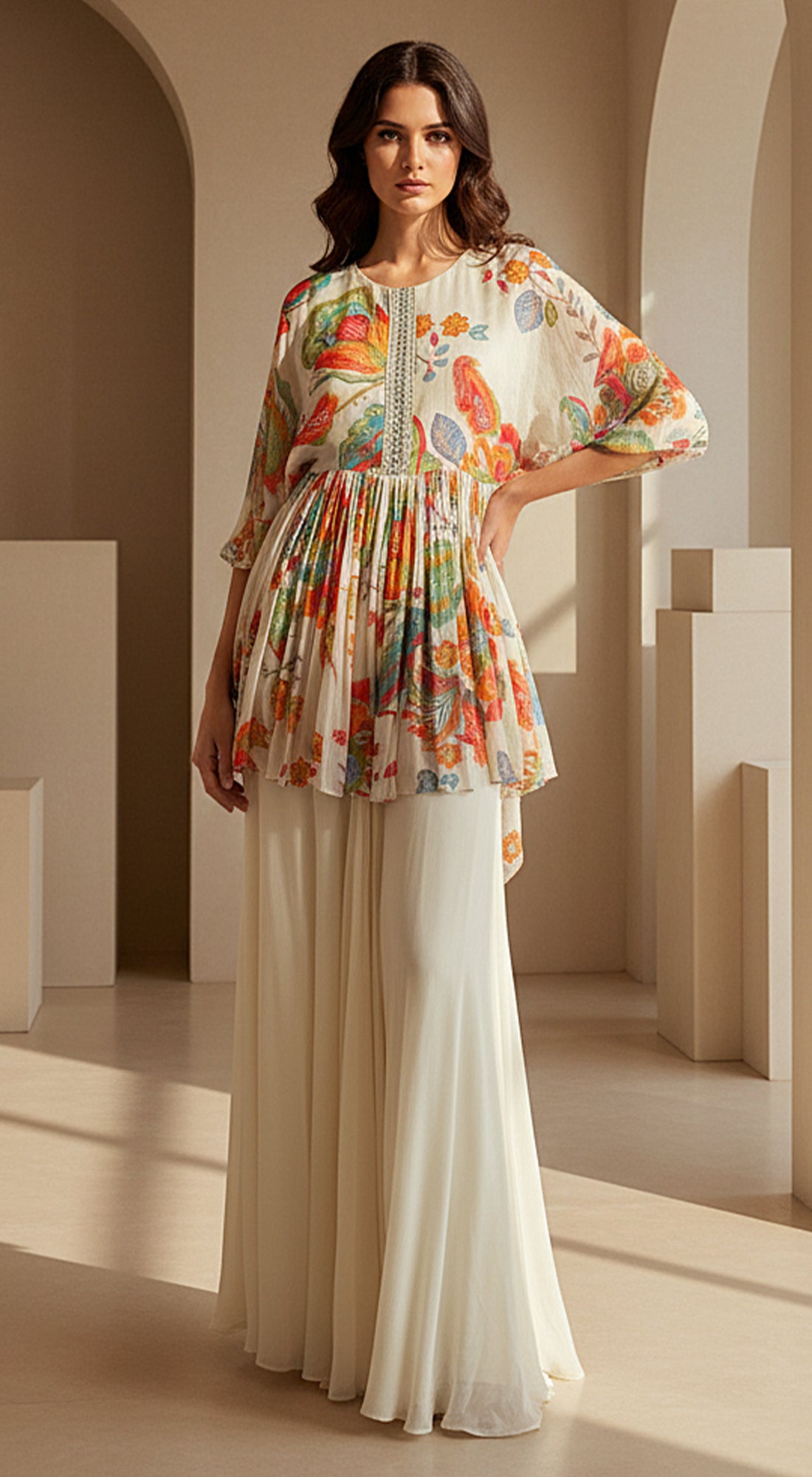 Ivory Pleat Embroidered Sharara Set