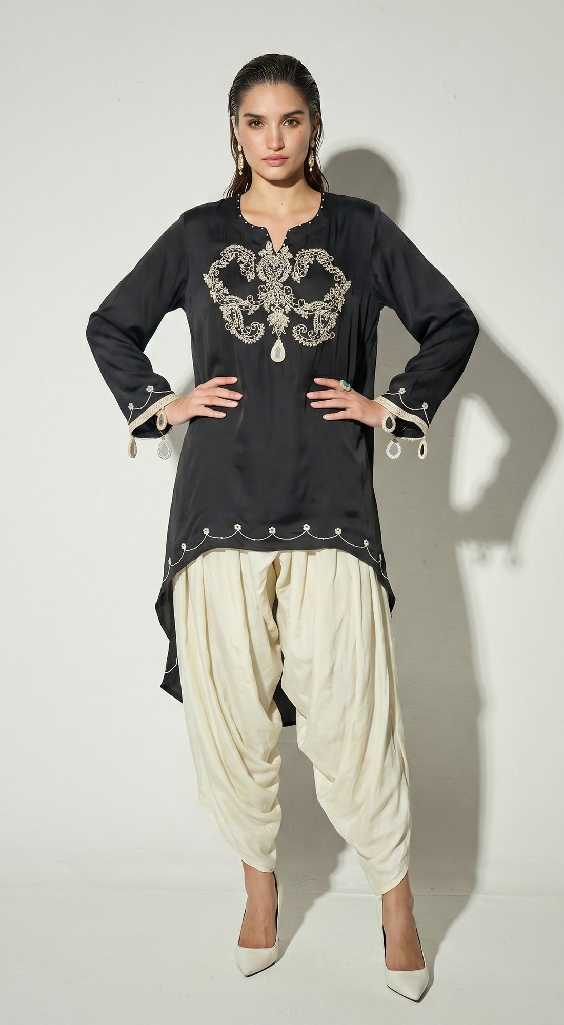 Black Satin Embroidered Co-ord Set