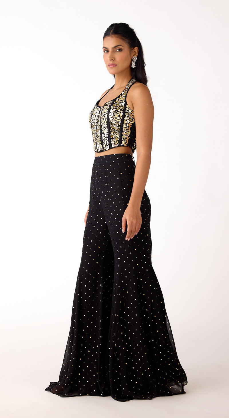 Black Mukaish Georgette Sharara Set