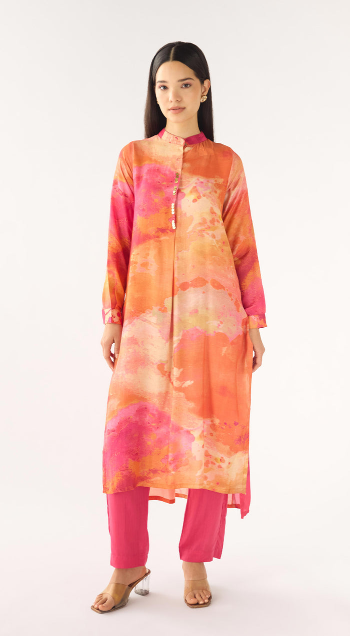 Orange Muslin Embellished Kurta Set