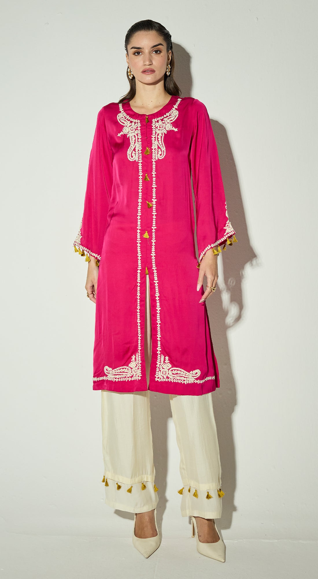 Rani-Pink Satin Embroidered Kurta Set