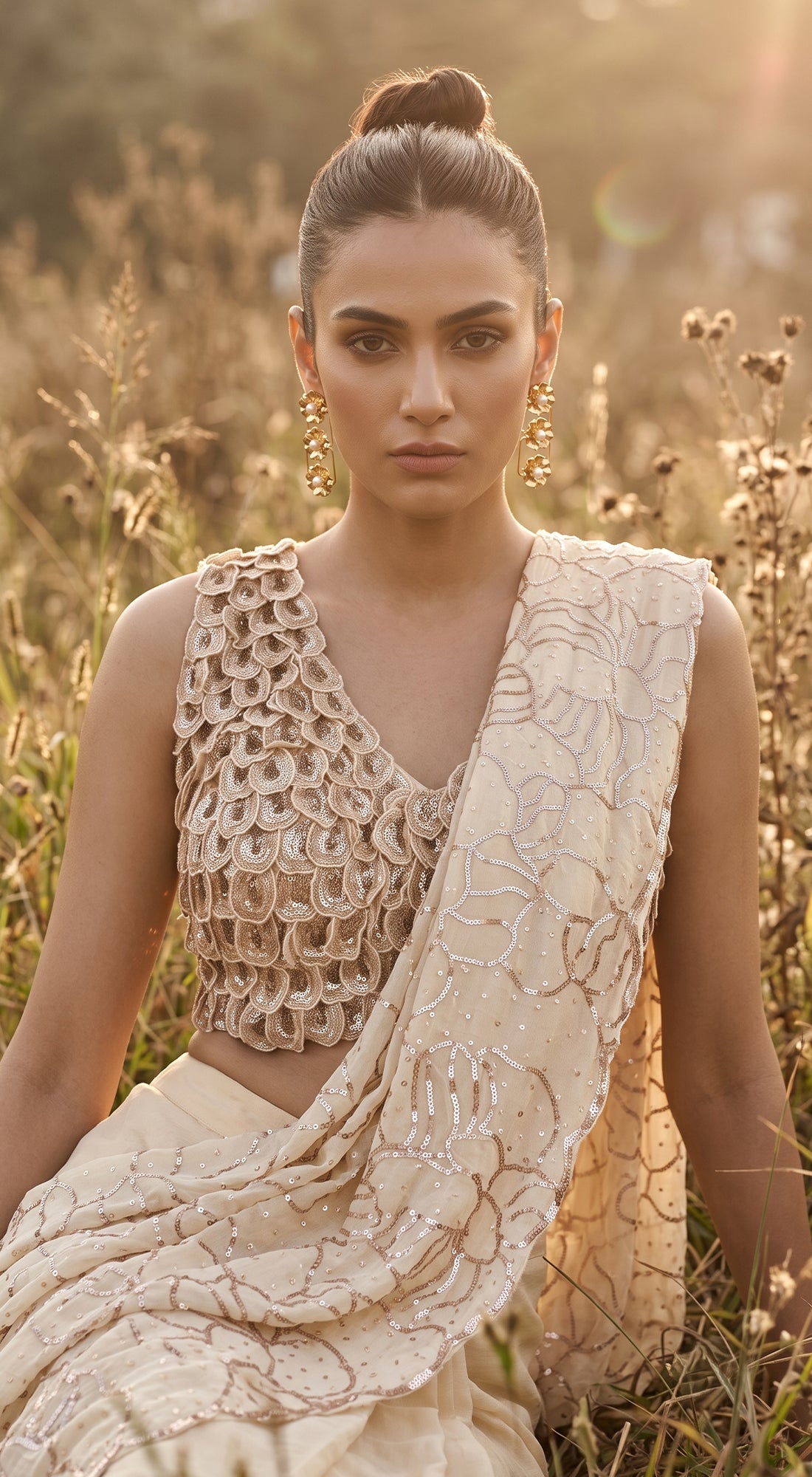 Ivory Organza Embroidered Draped Saree